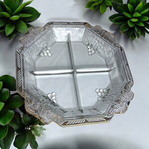 Vintage 1950s Jeannette Glass 4‑Section Relish Tray w/ Grape Motif & Gold Trim